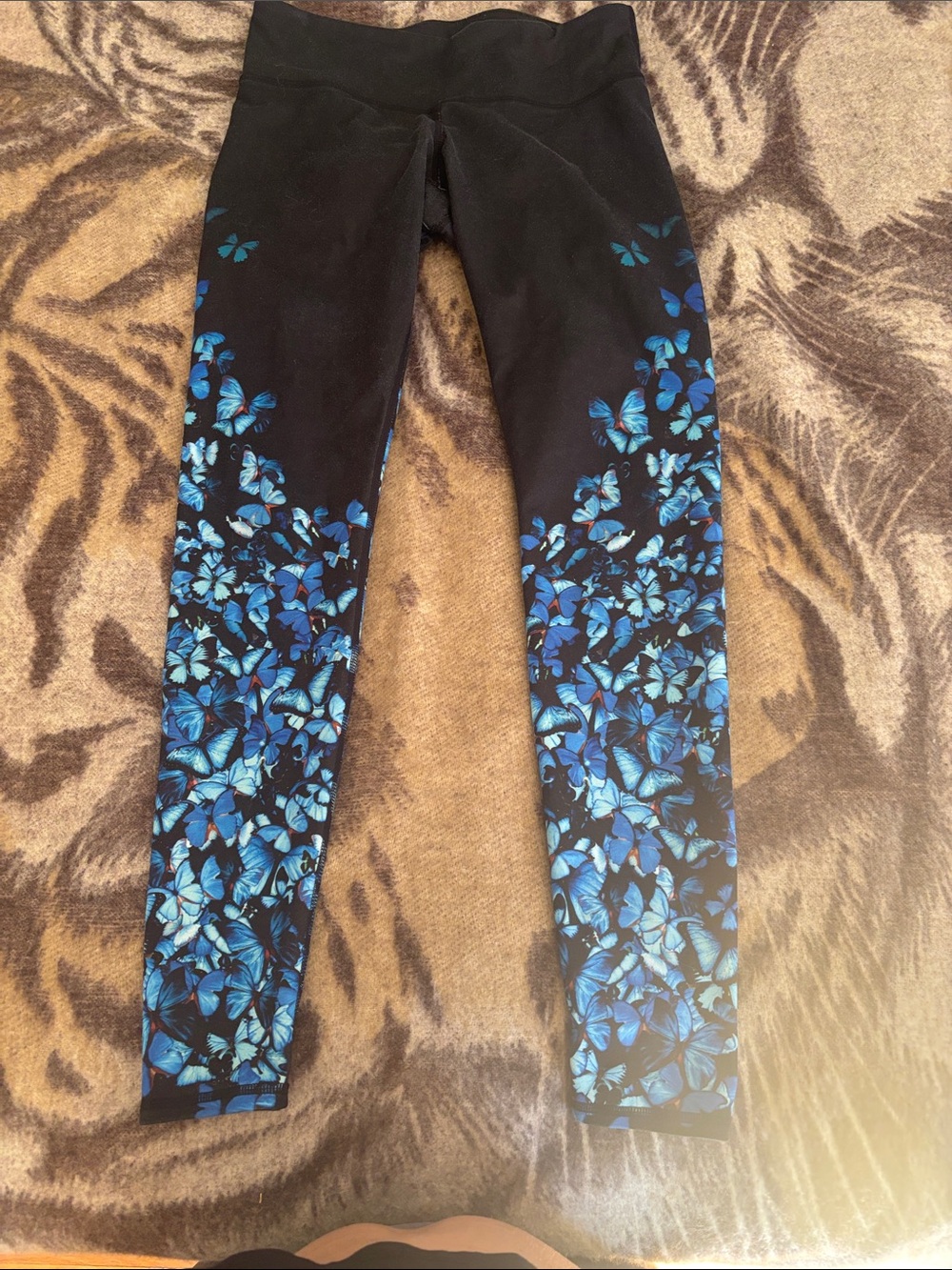 ALO Yoga Black Leggings with Blue Butterfly Motif